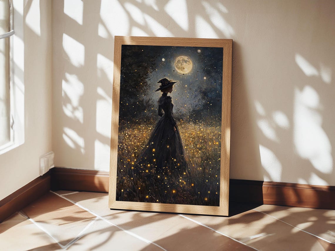 Witch Under Full Moon Firefly Field Dark Night Gothic Fantasy Wall Art - Image 5