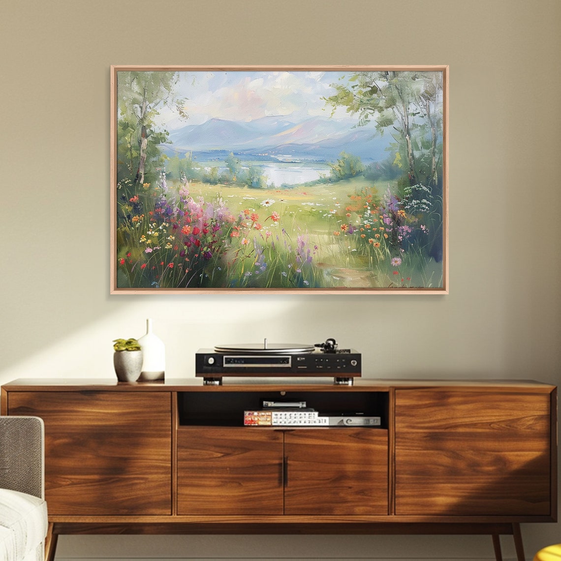 Spring Wildflower Meadow Mountain Lake Pastel Landscape Poster