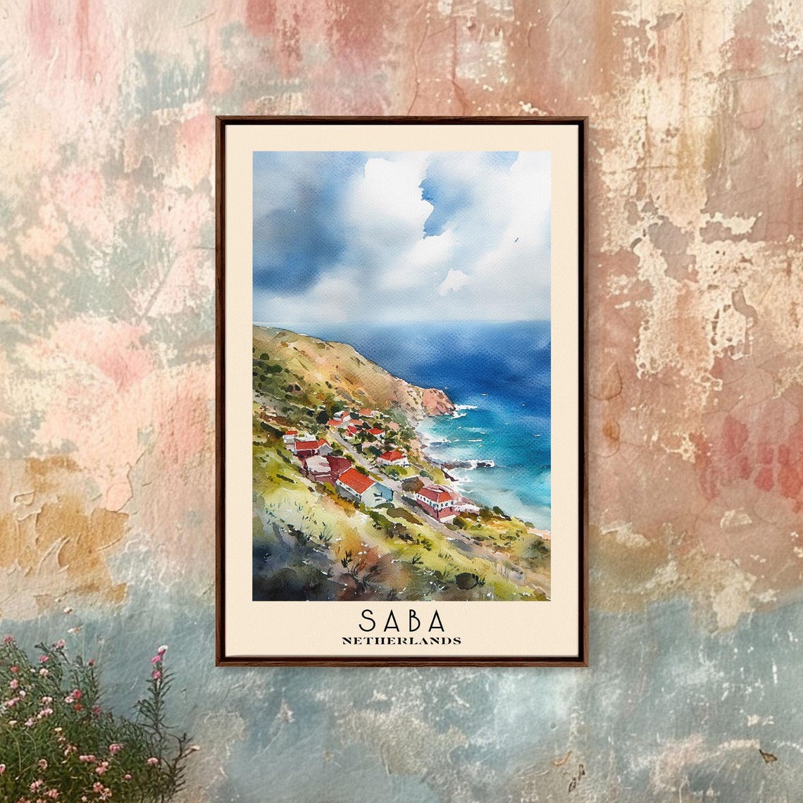 Saba Netherlands Cliffside Village Red Roof Bay Watercolor Poster - Image 4