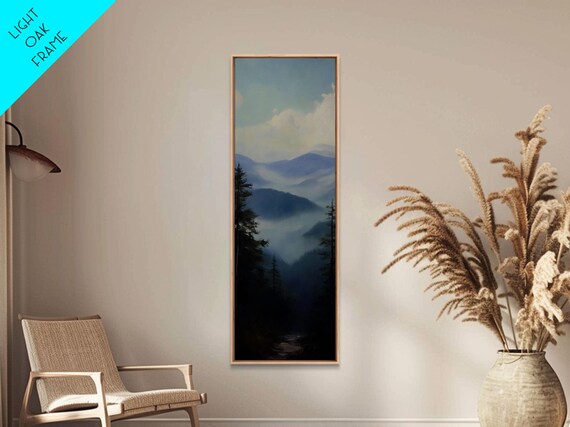 Misty Mountain Fog Framed Print Peaceful Nature Landscape Painting Smoky Mountain Art Above Bed Wall Art Blue And Green Wall Art