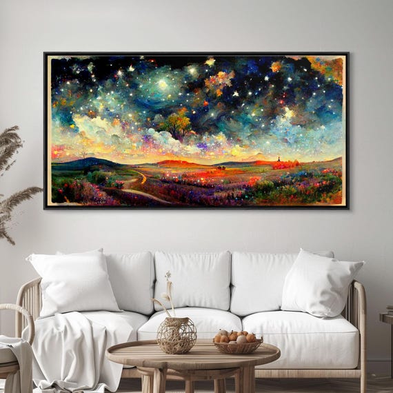 Night Starry Sky Landscape On Print Colorful Night Sky Painting Nature Painting Living Room Wall Art Spiritual Starry Painting