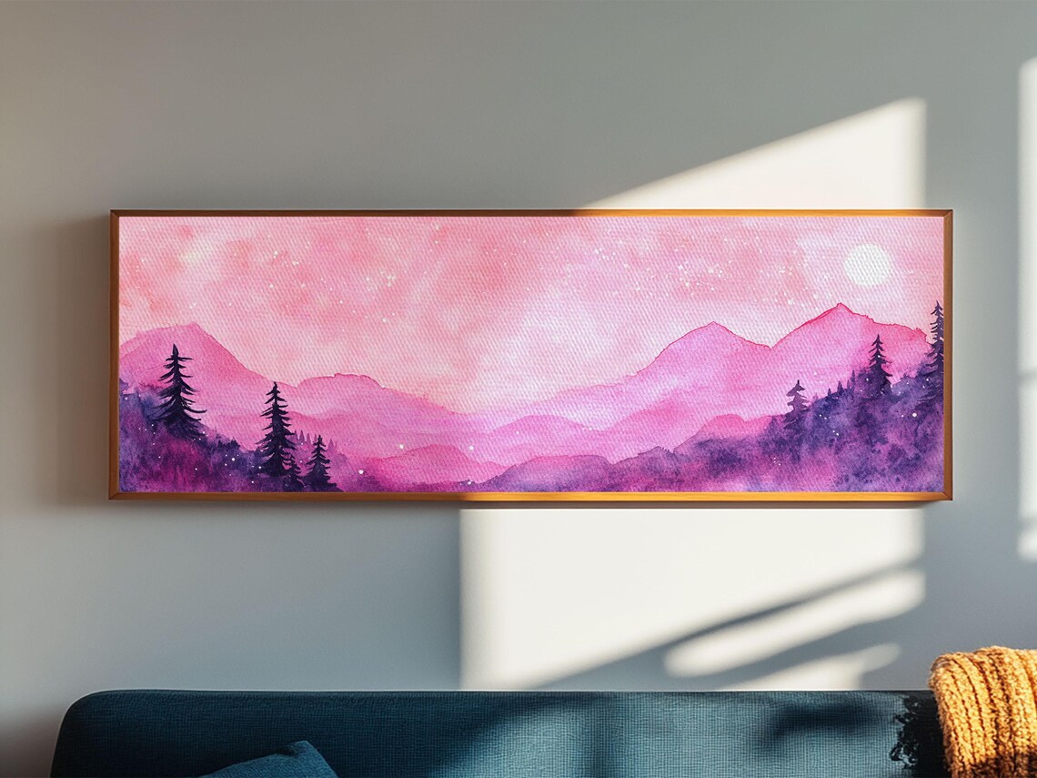Pink Starry Night Mountain Landscape Watercolor Purple Wall Art Poster - Image 4