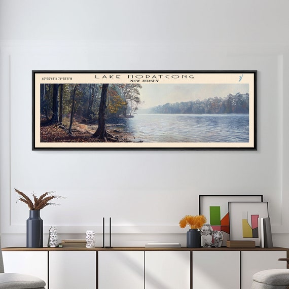 Lake Hopatcong New Jersey Framed Print Lake House Decor Panoramic Wall Art Travel Poster Beautiful Lake Painting Home Art