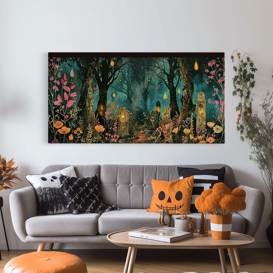 Haunted Forest Cemetery Glowing Lanterns Pink Wildflowers Spooky Wall Art - Image 5