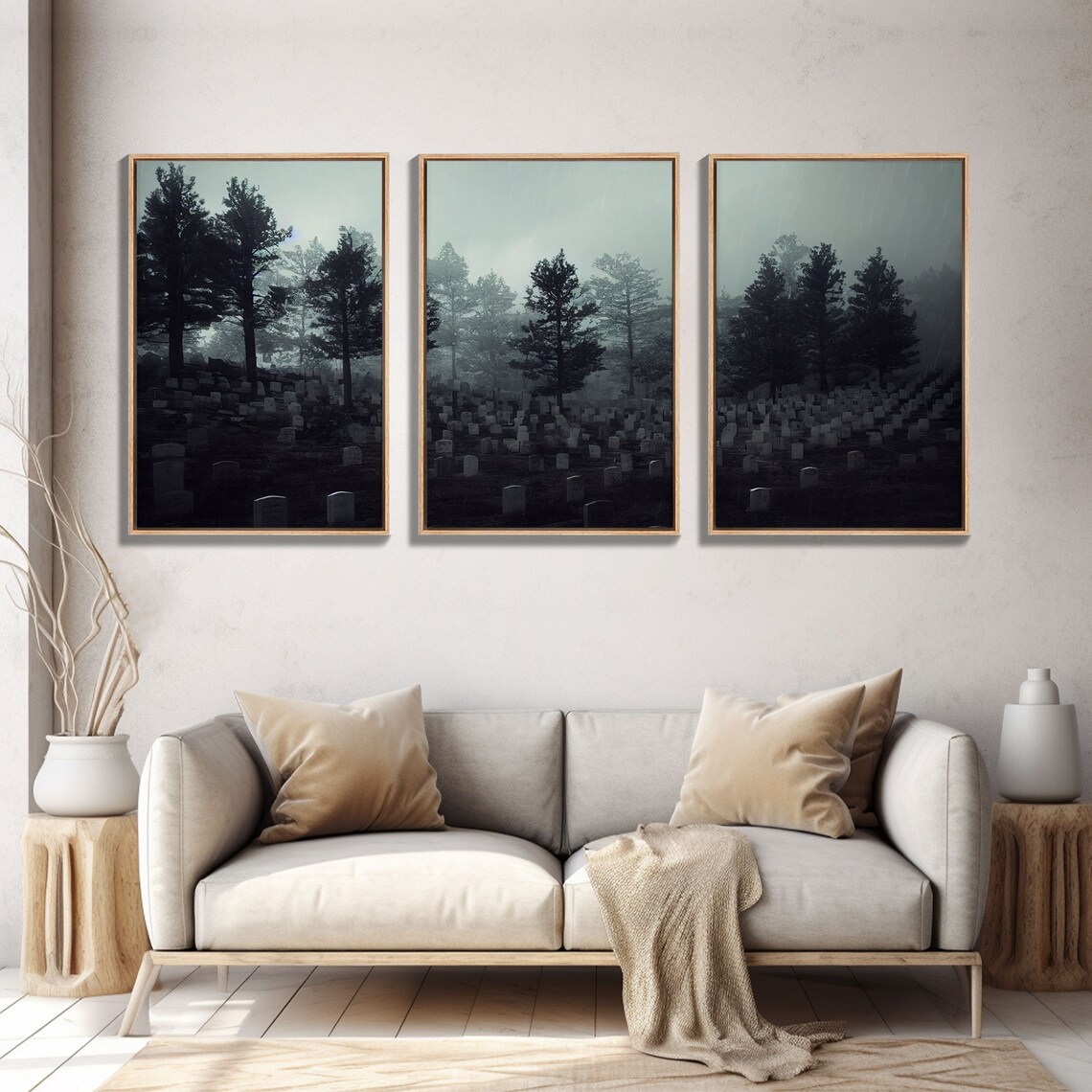 Spooky Foggy Graveyard With Dark Pines Three Piece Haunting Print - Image 5