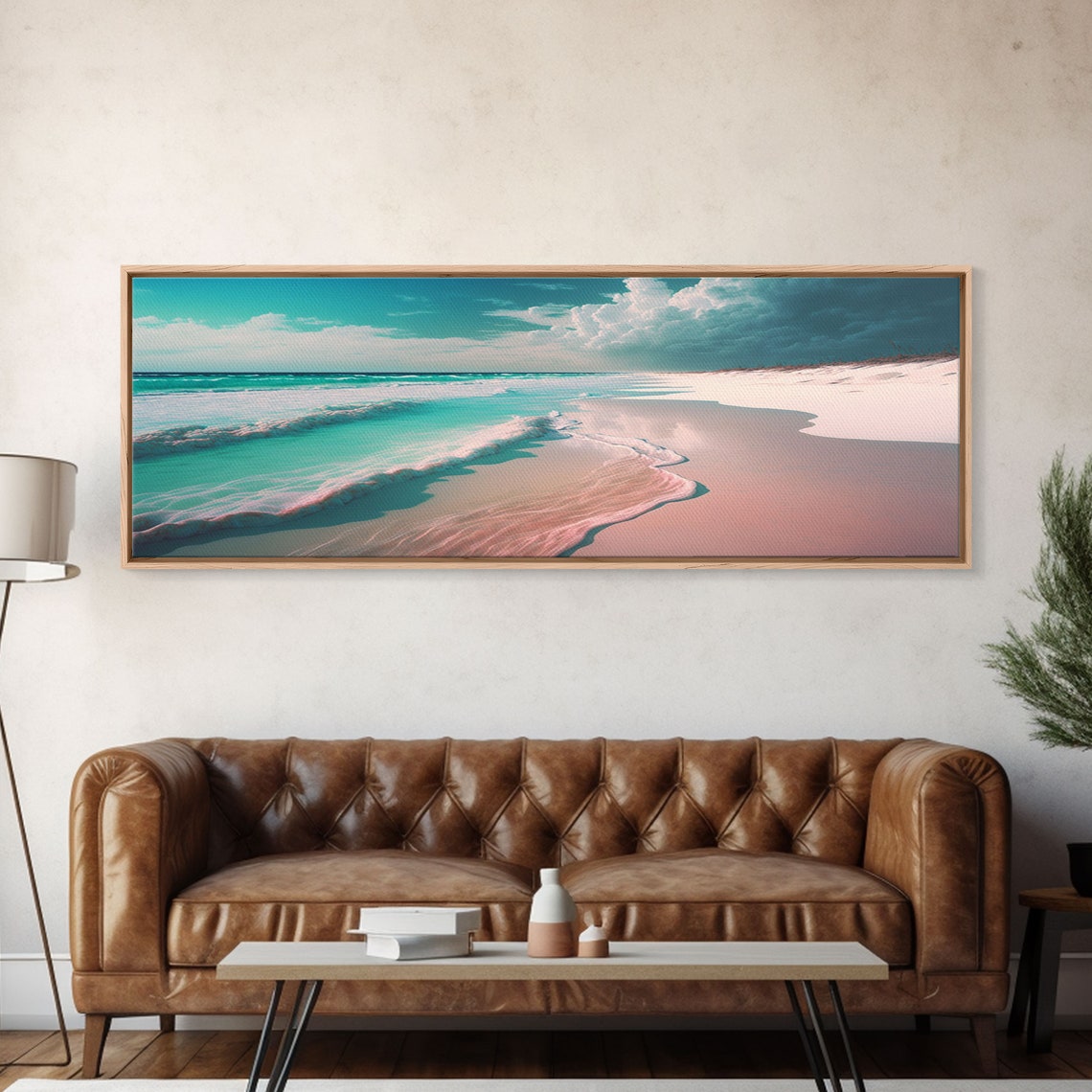 Panoramic Turquoise Ocean Waves Pink Sand Beach Cloudy Sky Wall Poster