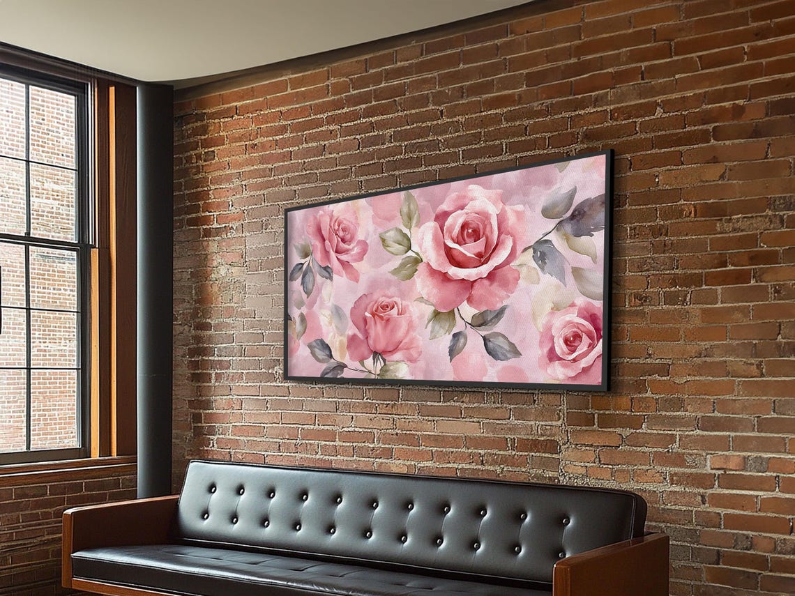 Soft Pink Roses Grey Green Leaves Watercolor Floral Wall Poster