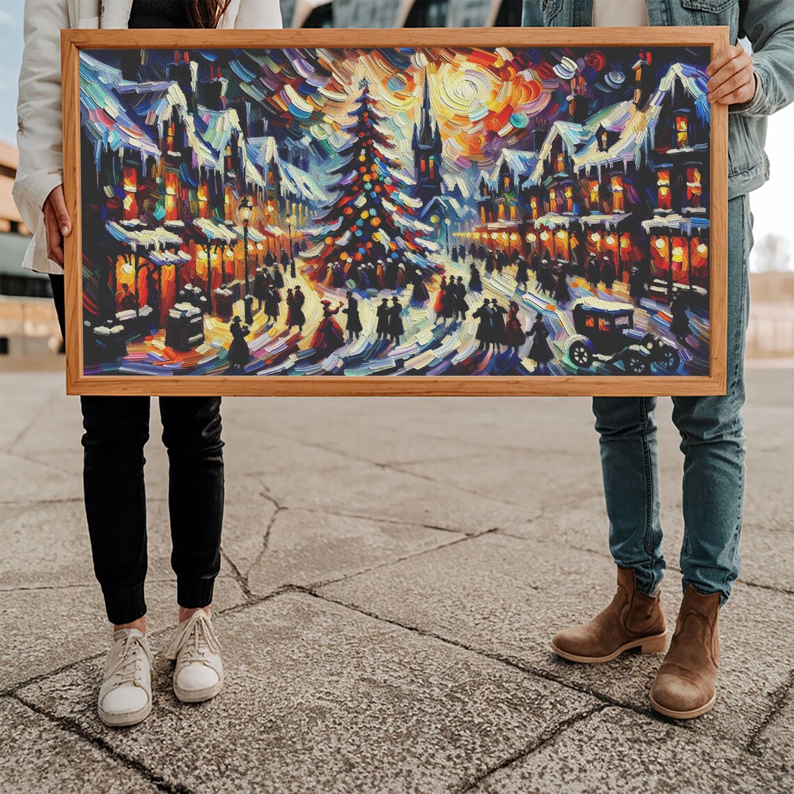 Impasto Christmas Street Crowd With Tree And Church Holiday Wall Art - Image 5