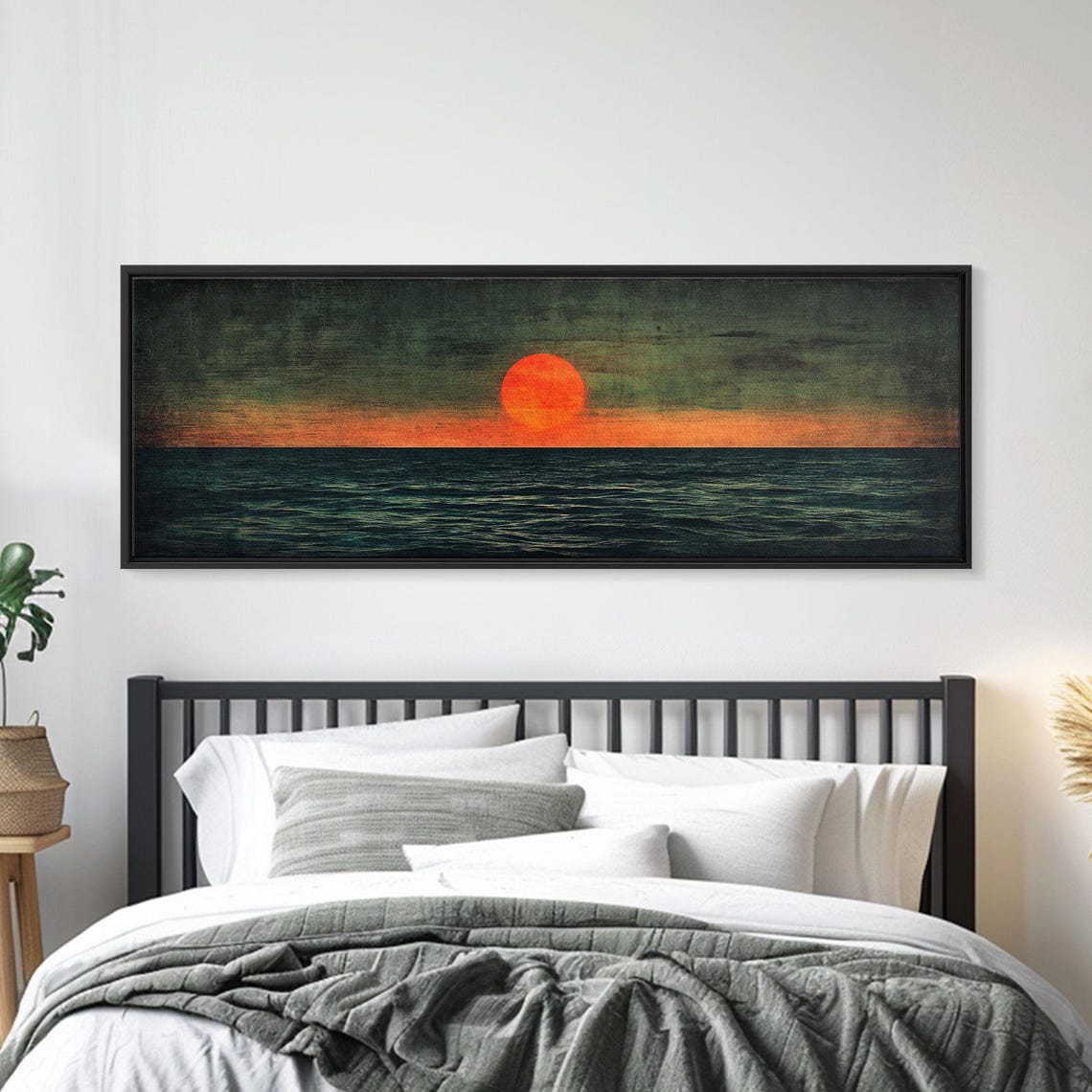 Embers Of The Horizon Sunset Panoramic Red Sun Teal Sea Moody Wall Art - Image 6