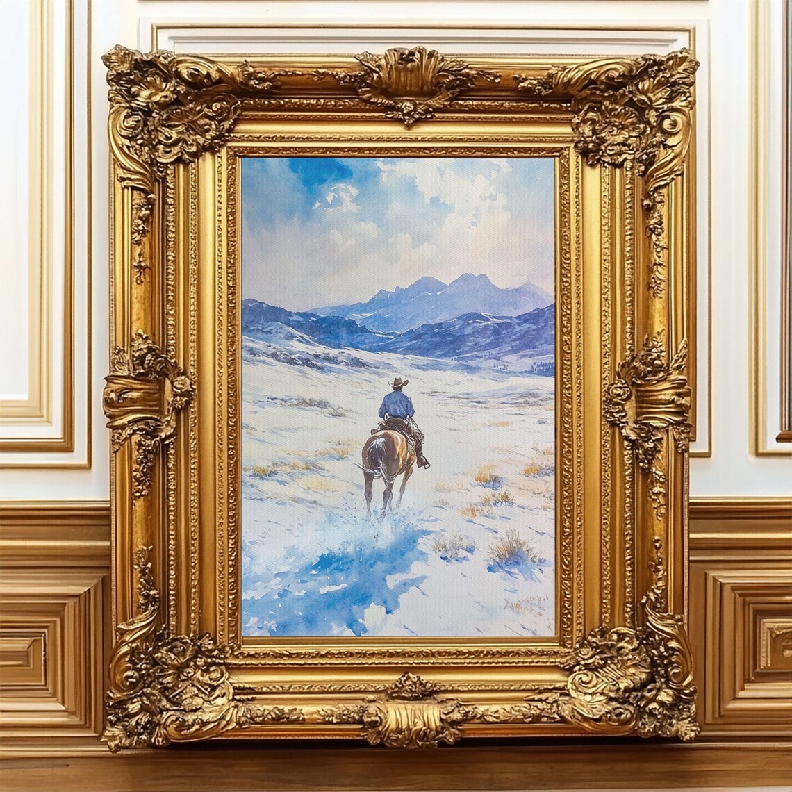 Cowboy Riding Through Snowy Mountain Pass Blue Watercolor Poster