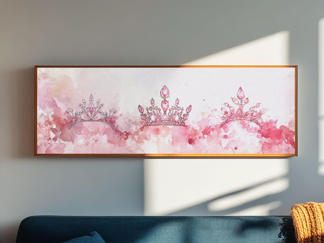 Pink Watercolor Tiaras Trio Princess Crowns Horizontal Wall Art Poster - Image 2