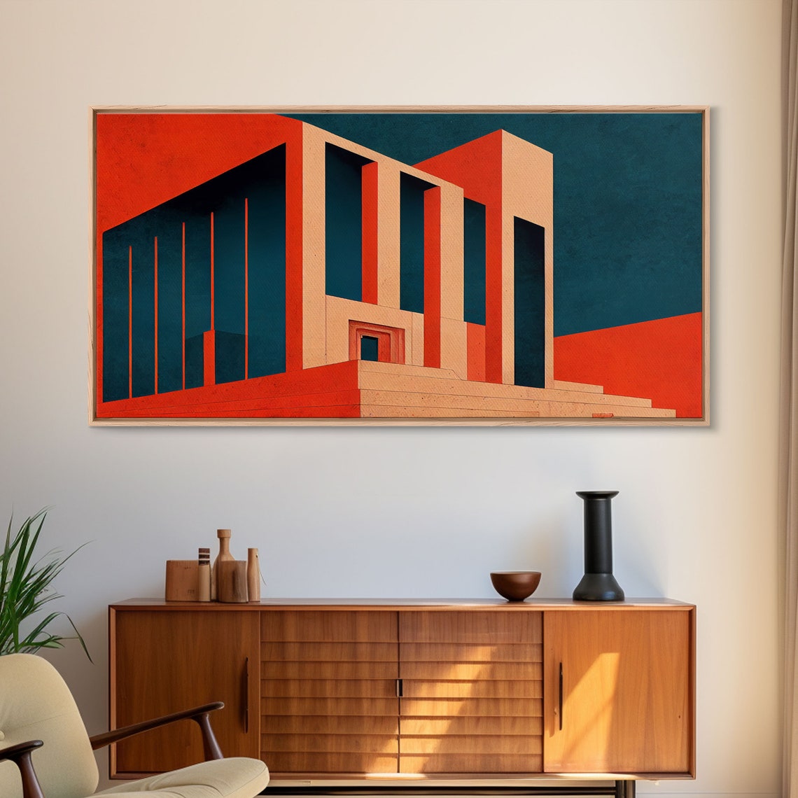 Brutalist Architecture In Bold Red And Teal Geometric Deco Style Print