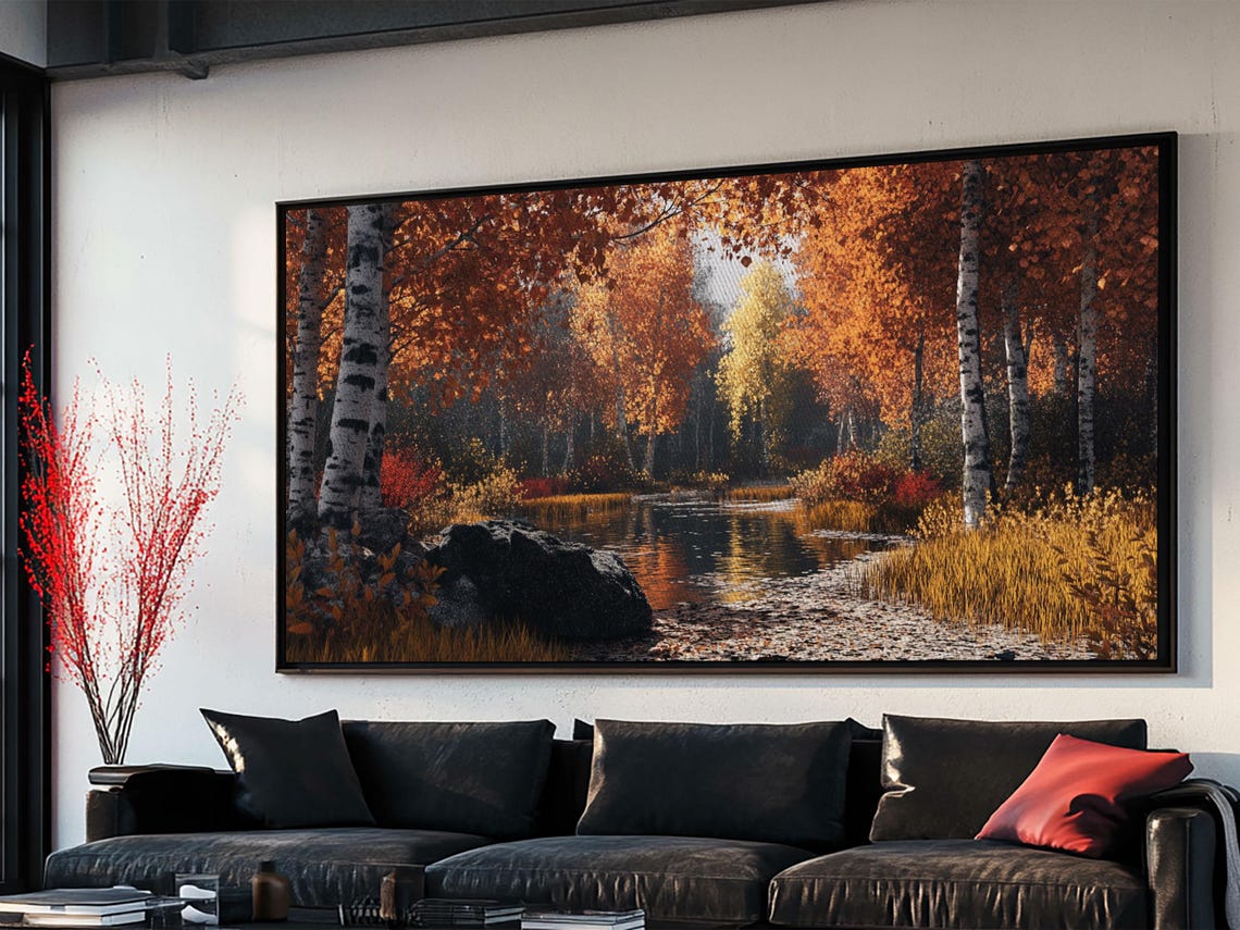 Fiery Autumn Birch Grove Reflecting Pond Orange Foliage Poster