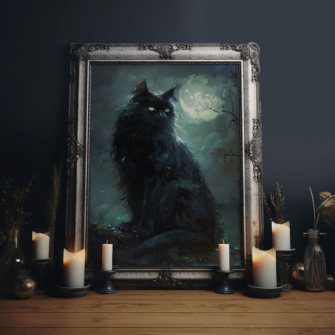 Sinister Black Cat With Glowing Green Eyes Under Full Moon Poster