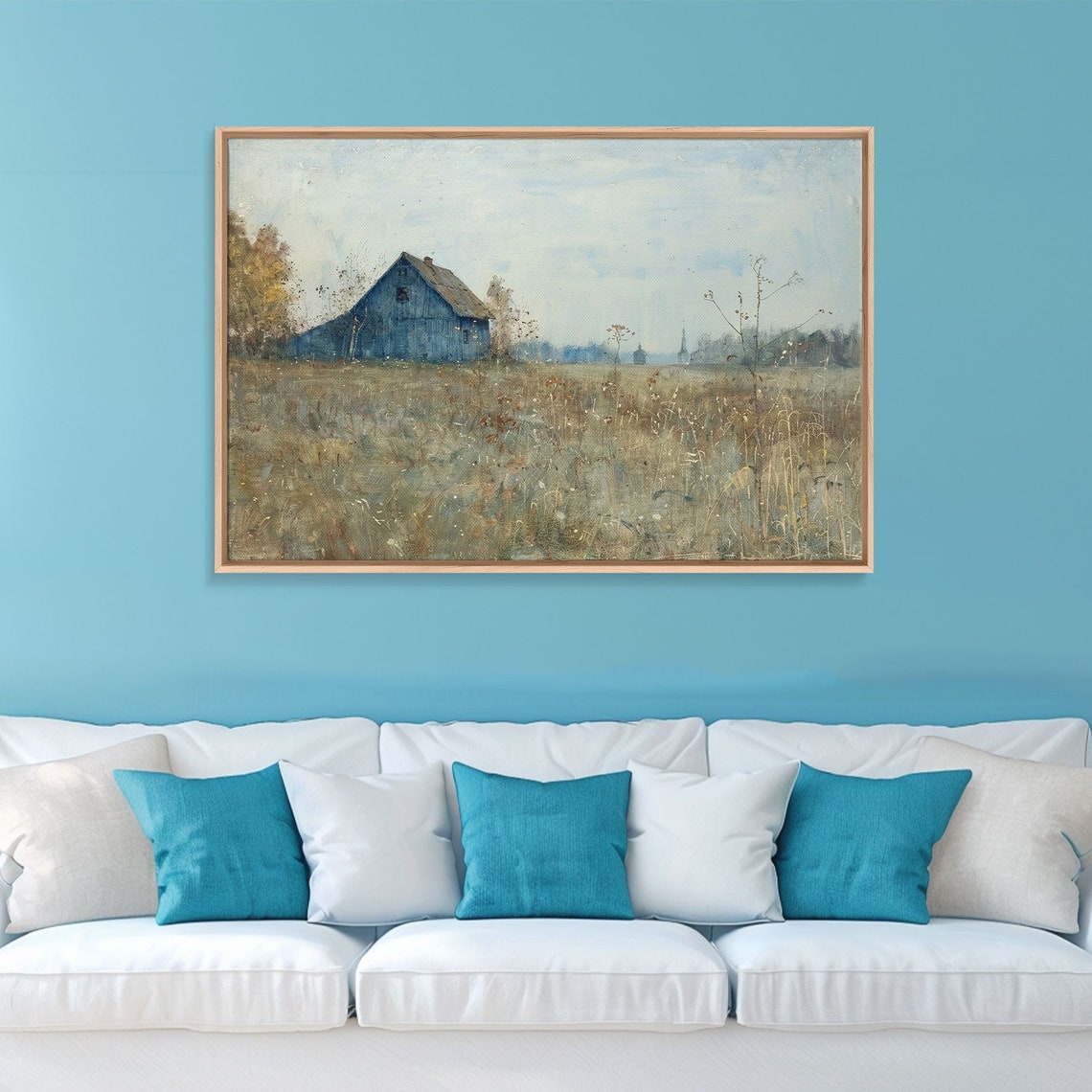 Old Blue Barn Folk Art Painting Field Tall Dry Grass Rustic Wall Art - Image 5