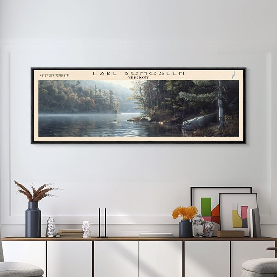 Lake Bomoseen Vermont Framed Print Lake House Art Panoramic Wall Art Travel Poster Serene Lake Painting Home Decor