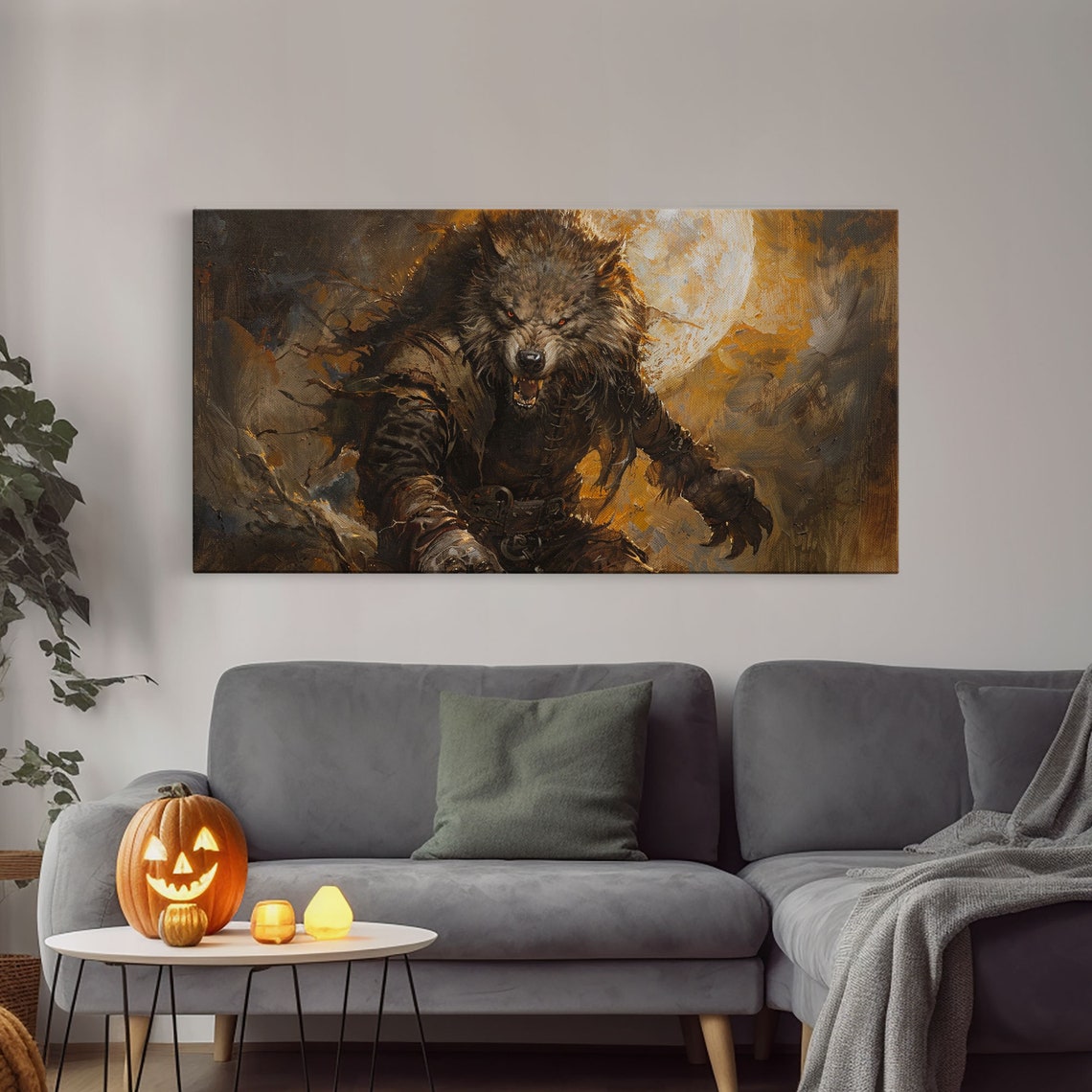 Fierce Werewolf Portrait Under Full Moon Dark Academia Oil Print - Image 4