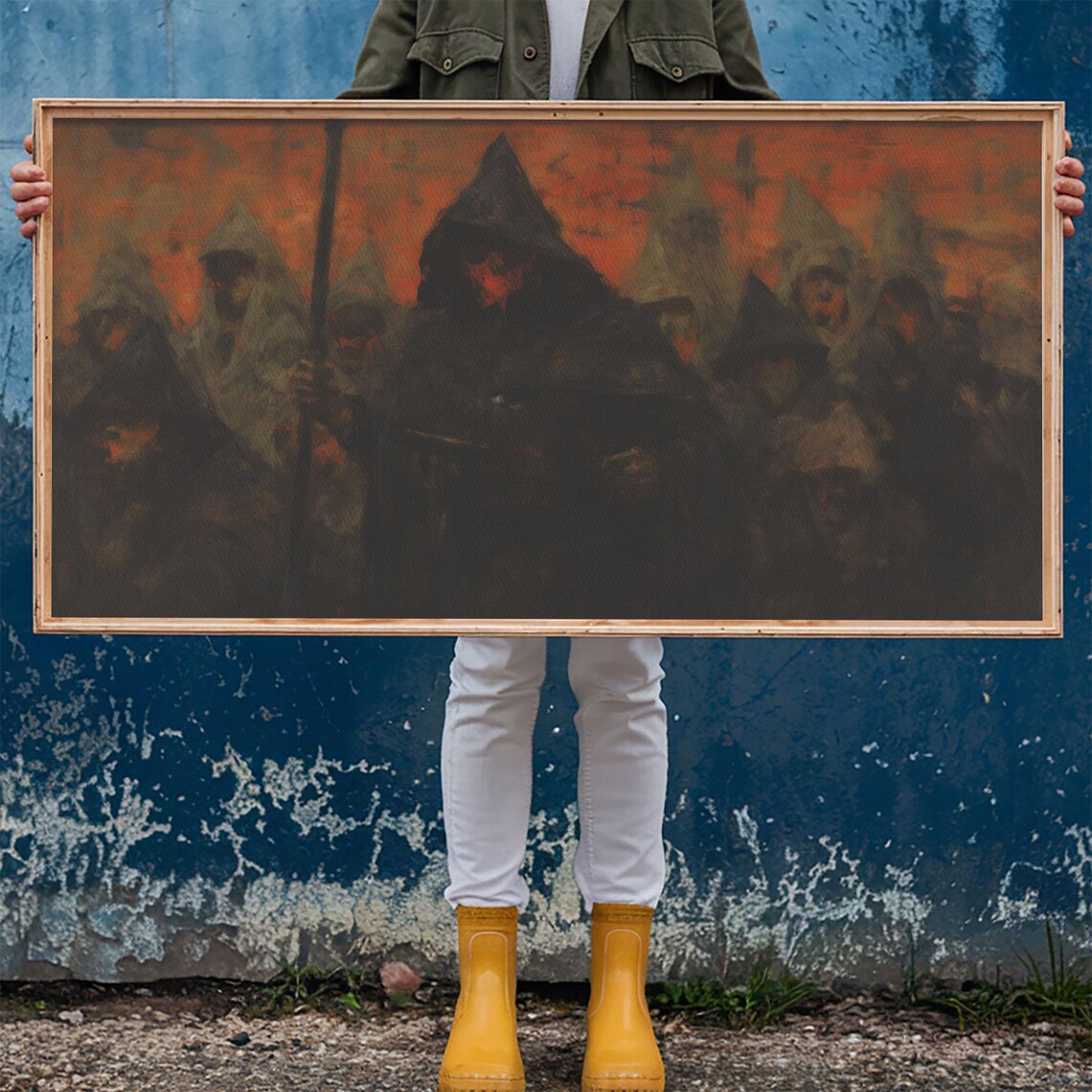 Hooded Cult Gathering Ritual Orange Night Sky Dark Horror Art Poster - Image 5