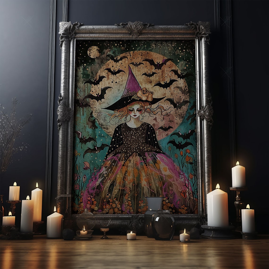 Whimsical Witch With Bats Under Full Moon Cute Pink Dress Art Poster - Image 5