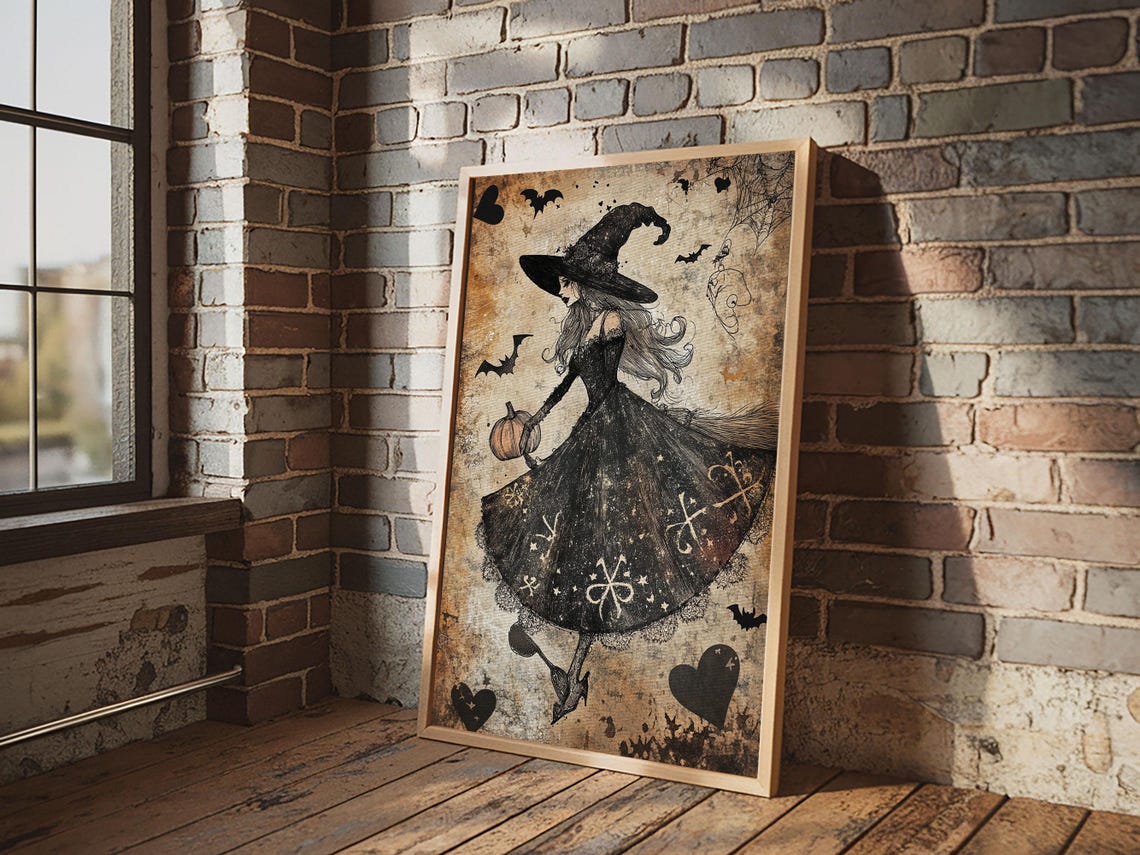 Elegant Vintage Witch With Pumpkin Bats Sepia Halloween Art Print - Image 2