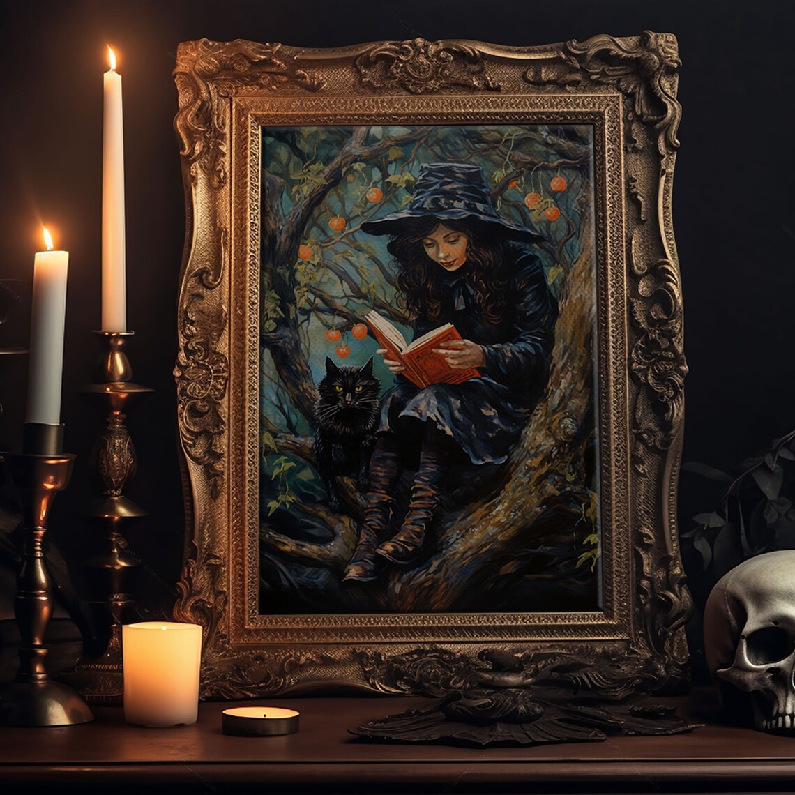 Witch Reading Spell Book In Tree With Black Cat Vintage Halloween Print