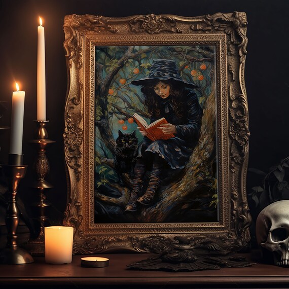 Witch Reading Spell Book In Tree With Black Cat Vintage Halloween Print