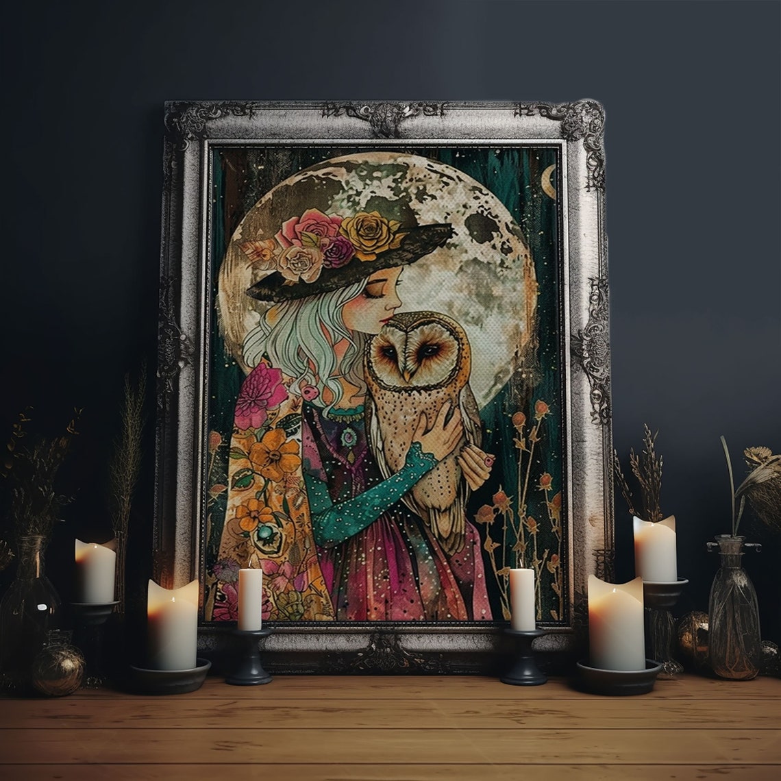 Witch Hugging Barn Owl Under Full Moon Floral Hat Illustration Poster