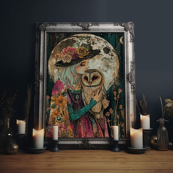Witch Hugging Barn Owl Under Full Moon Floral Hat Illustration Poster