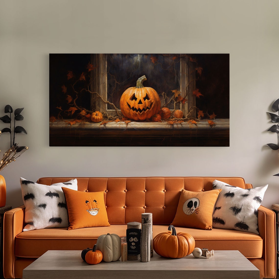 Jack O Lantern On Moonlit Window Sill With Vines Halloween Print - Image 4