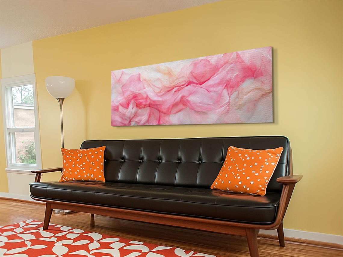 Blush Pink Abstract Silk Waves Watercolor Horizontal Canvas Art Poster - Image 2
