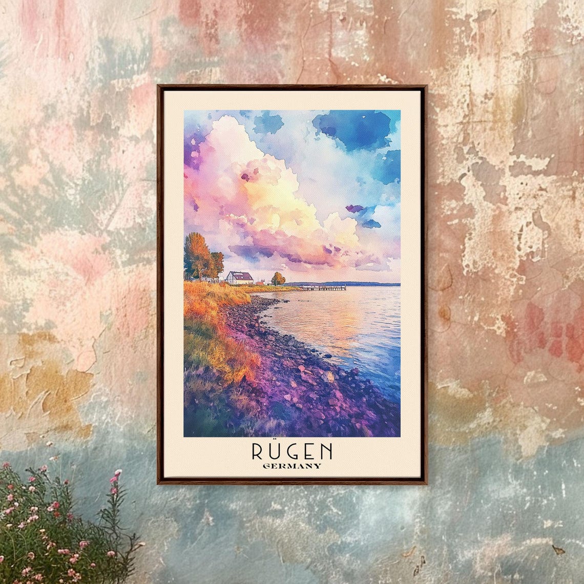 Rugen Germany Shoreline Cottage Pink Sunset Clouds Purple Rocks Poster - Image 3