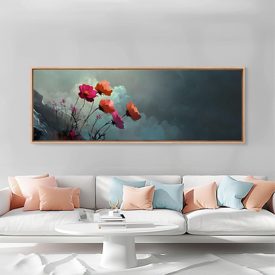 Moody Wildflower Meadow Under Dark Stormy Sky Clouds Panoramic Poster - Image 3