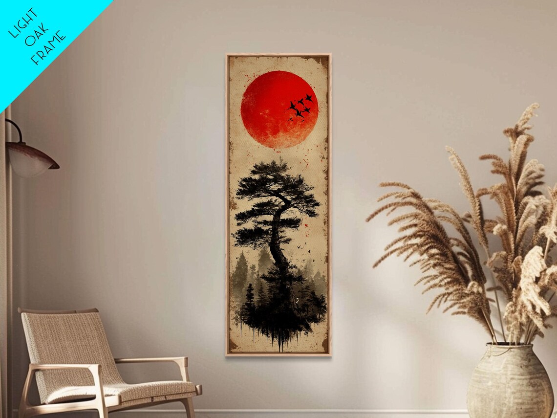 Japanese Red Sun Ink Pine Tree Birds Zen Minimalist Rustic Vertical Poster - Image 2