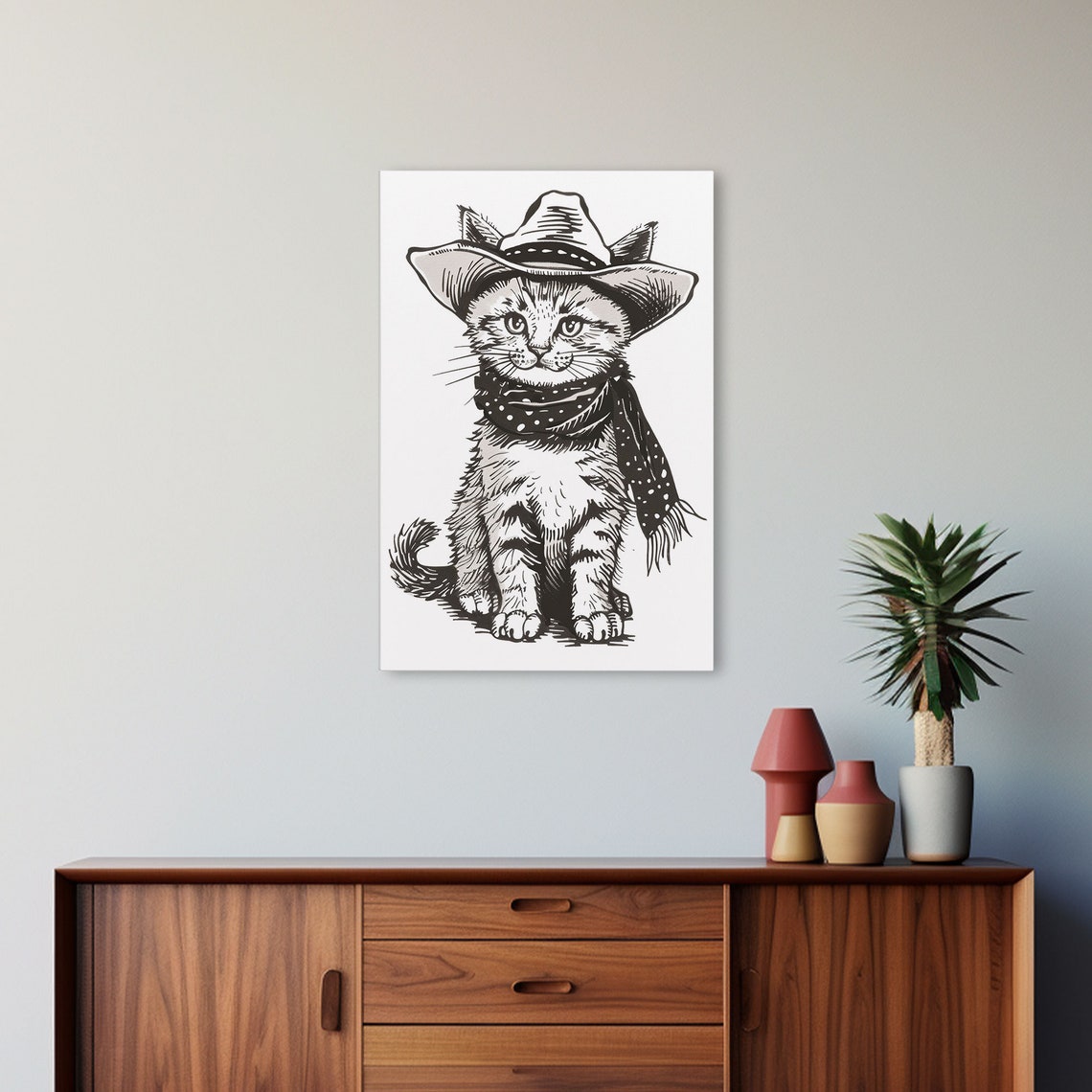 Cute Cowboy Kitten Polka Dot Bandana Vintage Sketch Wall Art Poster - Image 5