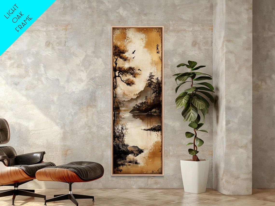 Golden Sepia Ink Mountain Lake Pine Trees Asian Landscape Wall Poster - Image 4