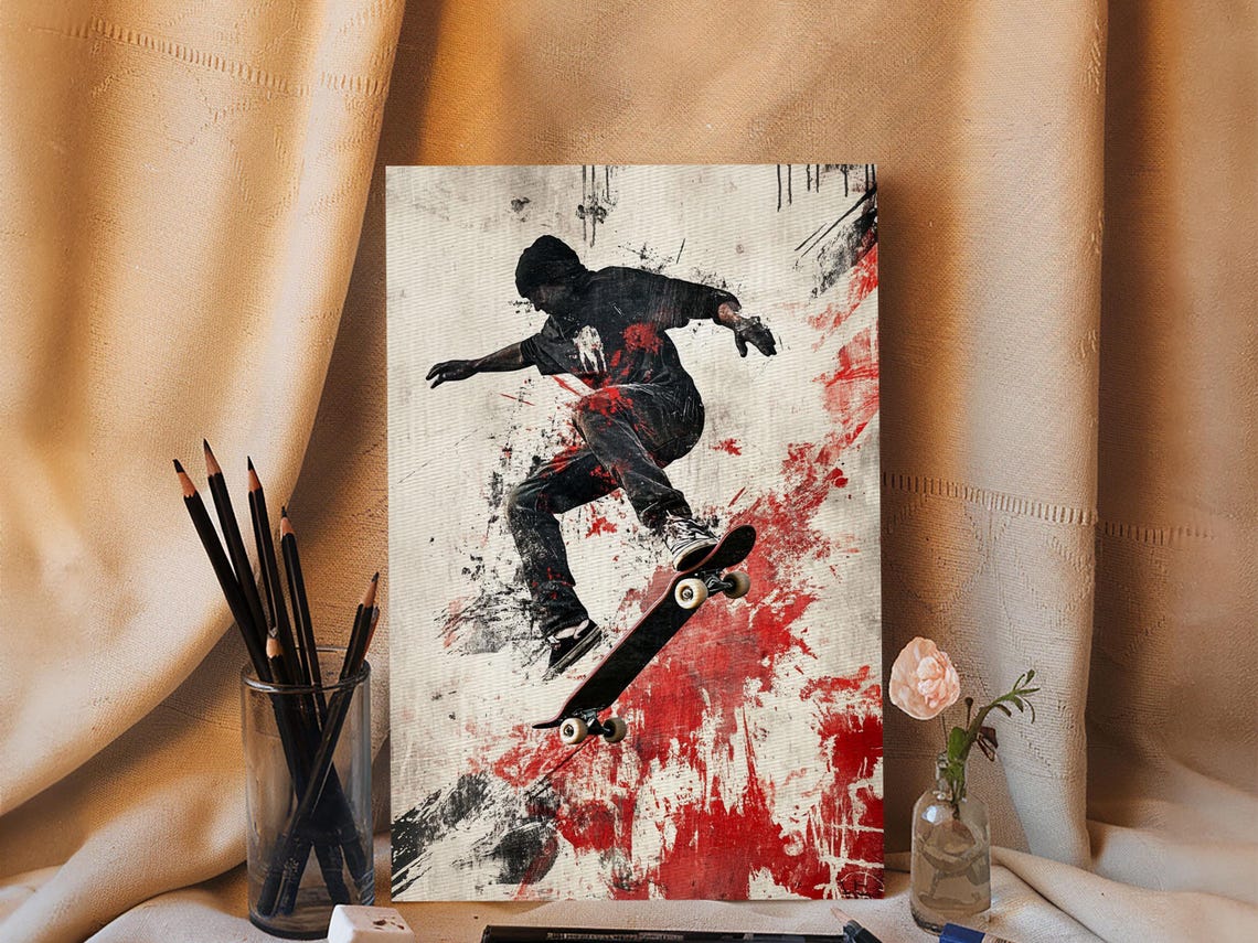 Energetic Skater Print With Urban Graffiti Wall Art And Bold Street Style Decor Perfect For Living Room Accent Walls