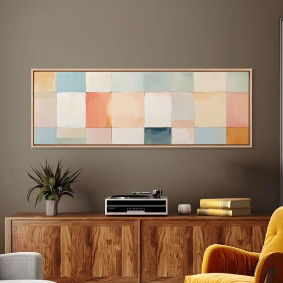 Mcm Style Abstract Square Framed Print Mid Century Modern Wall Art Pastel Colors Large Horizontal Wall Art Print