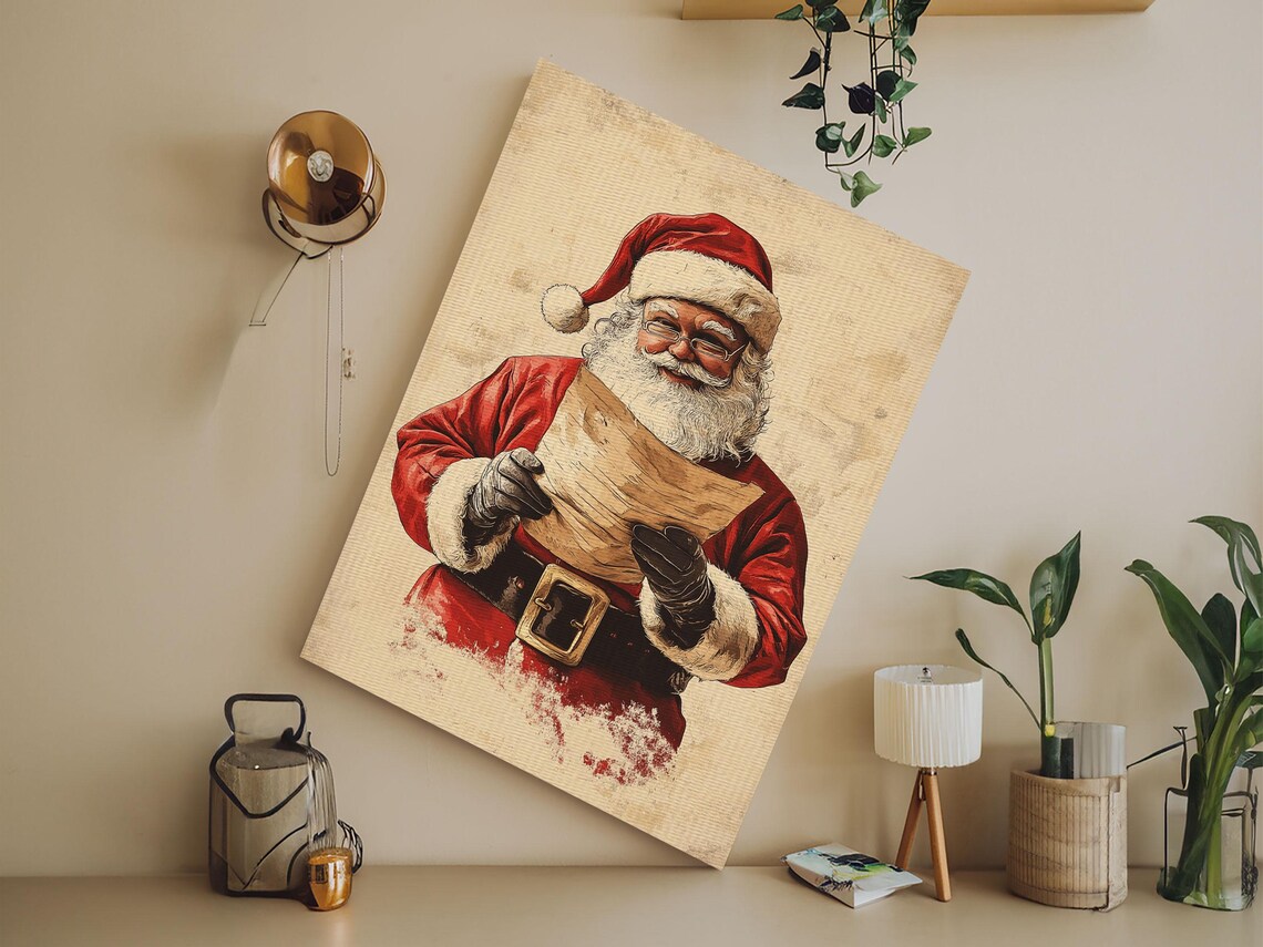 Santa Claus Reading His Long Christmas List Vintage Holiday Art Poster - Image 5