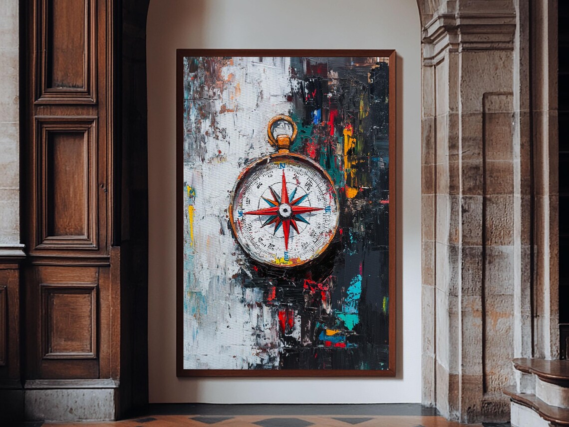 Vintage Brass Compass Abstract Painted Background Nautical Travel Wall Art - Image 4
