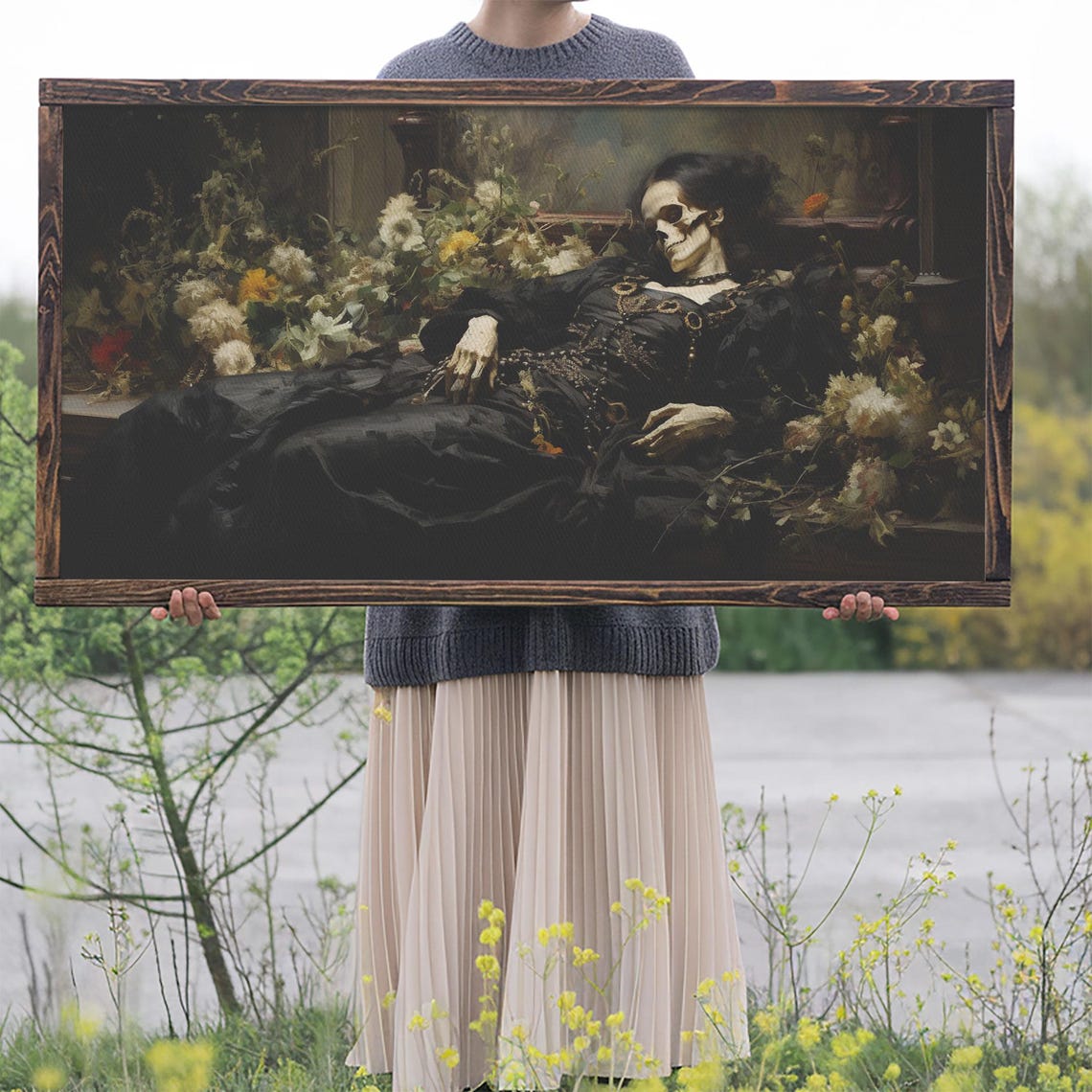 Sleeping Skeleton Lady In Black Dress Among Flowers Gothic Poster - Image 2
