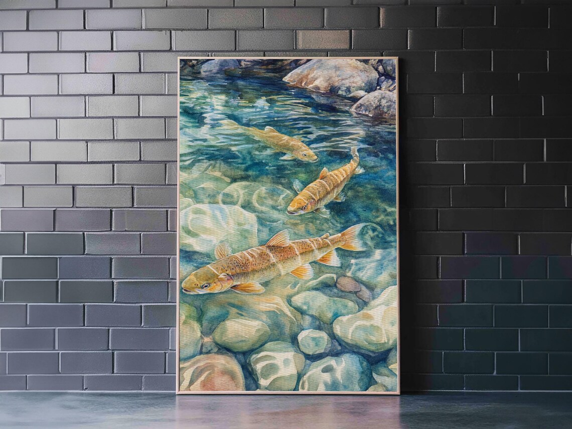 Gentle Swimming Trout Rustic Living Room Art Print - Image 2