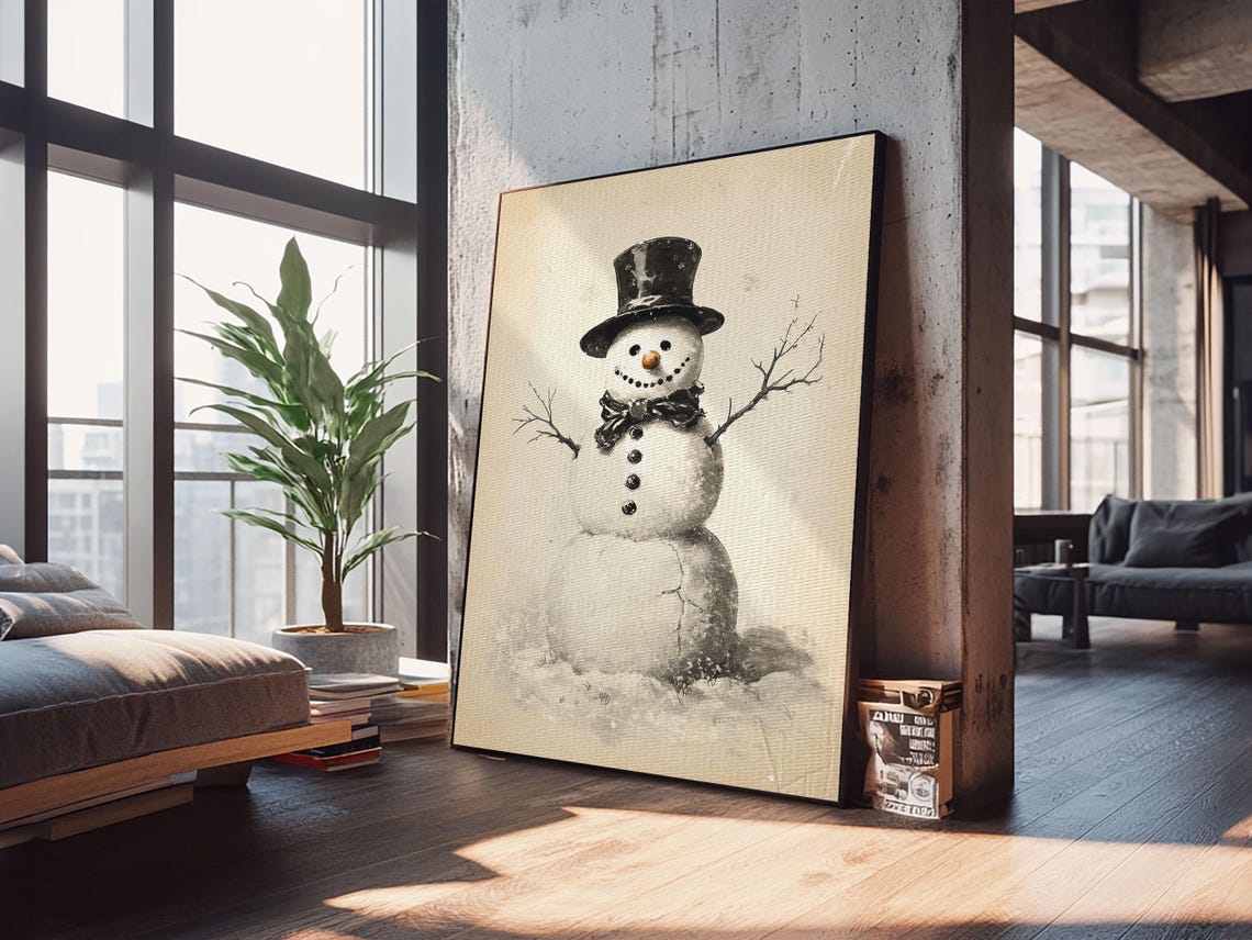 Retro Snowman With Top Hat and Bow Tie Vintage Winter Sketch Poster