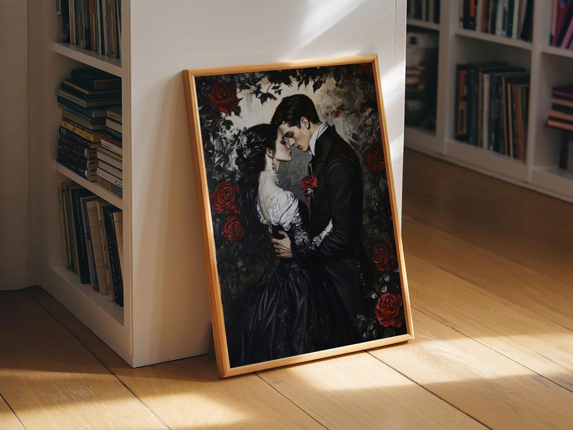 Gothic Romantic Couple Embrace Among Red Roses Dark Wall Art Print - Image 3