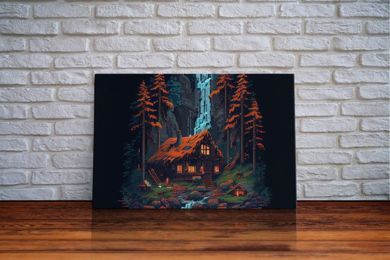 Secluded Log Cabin In The Woods With A Waterfall Behind It 8 Bit Pixel Art Framed Print
