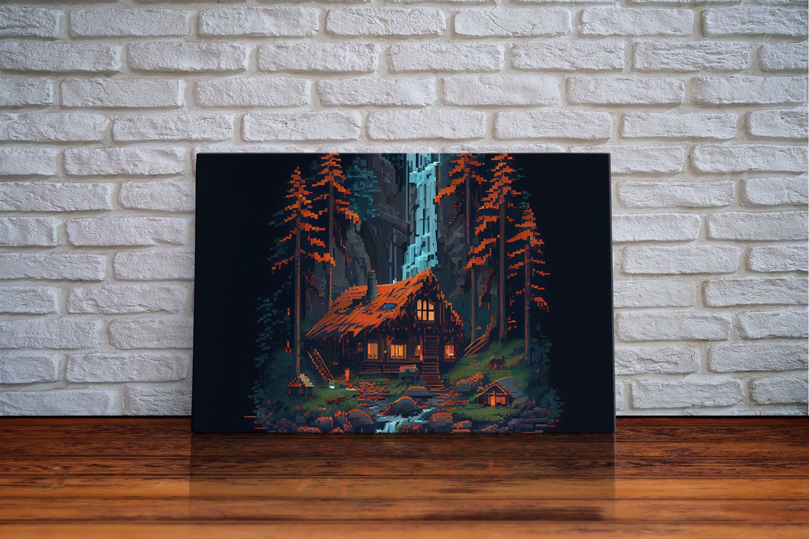 Secluded Log Cabin In The Woods With A Waterfall Behind It 8 Bit Pixel Art Framed Print