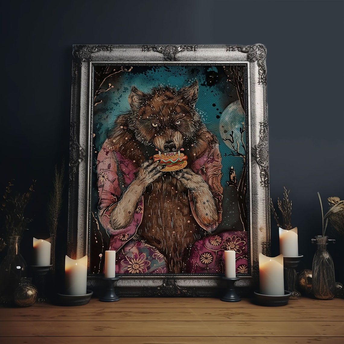 Werewolf Eating Hotdog Pink Dress Moonlit Funny Halloween Art Poster