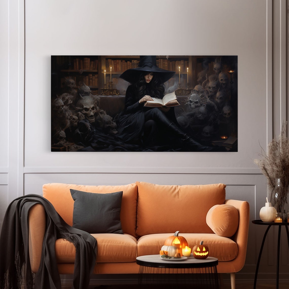 Witch Reading Spell Book In Library Of Skulls Gothic Panoramic Print