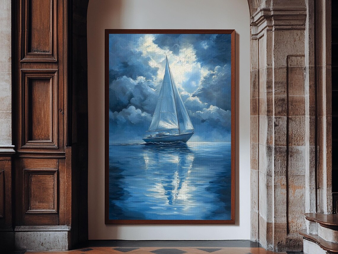 Sailboat Under Full Moon Night Sea Reflection Blue Painting Wall Art Print - Image 6