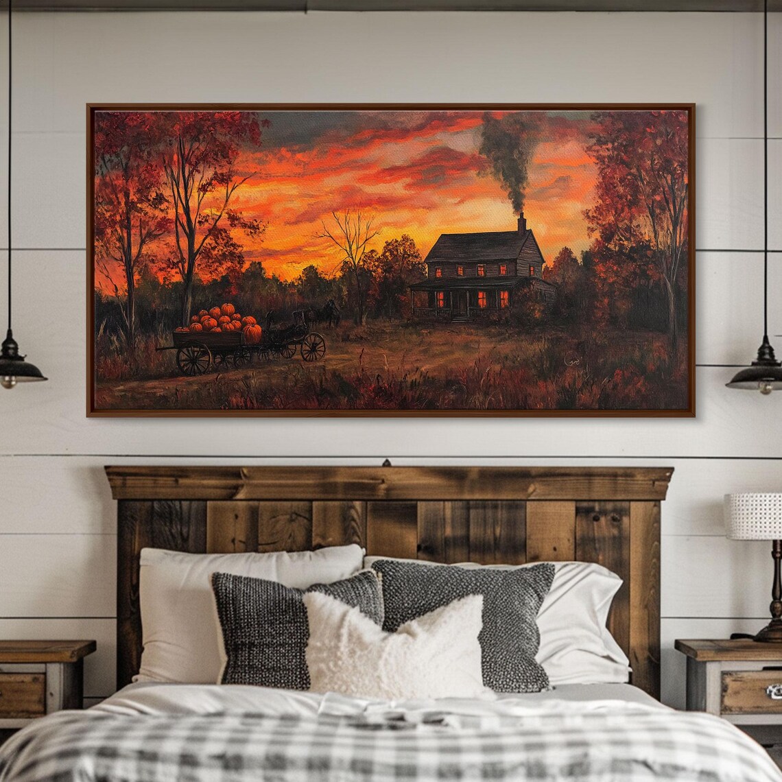 Autumn Sunset Pumpkins Horse Wagon Farmhouse Fiery Sky Rustic Fall Wall Art - Image 2