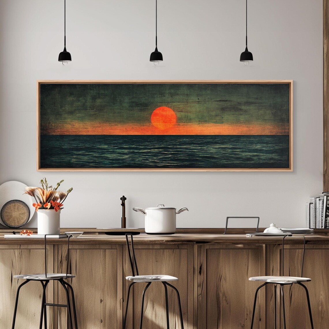 Embers Of The Horizon Sunset Panoramic Red Sun Teal Sea Moody Wall Art - Image 4
